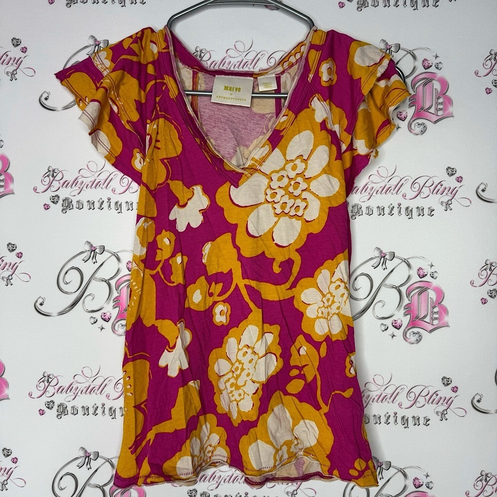 Maeve by Anthropologie tshirt floral psychedelic orange pink white ruffle frills